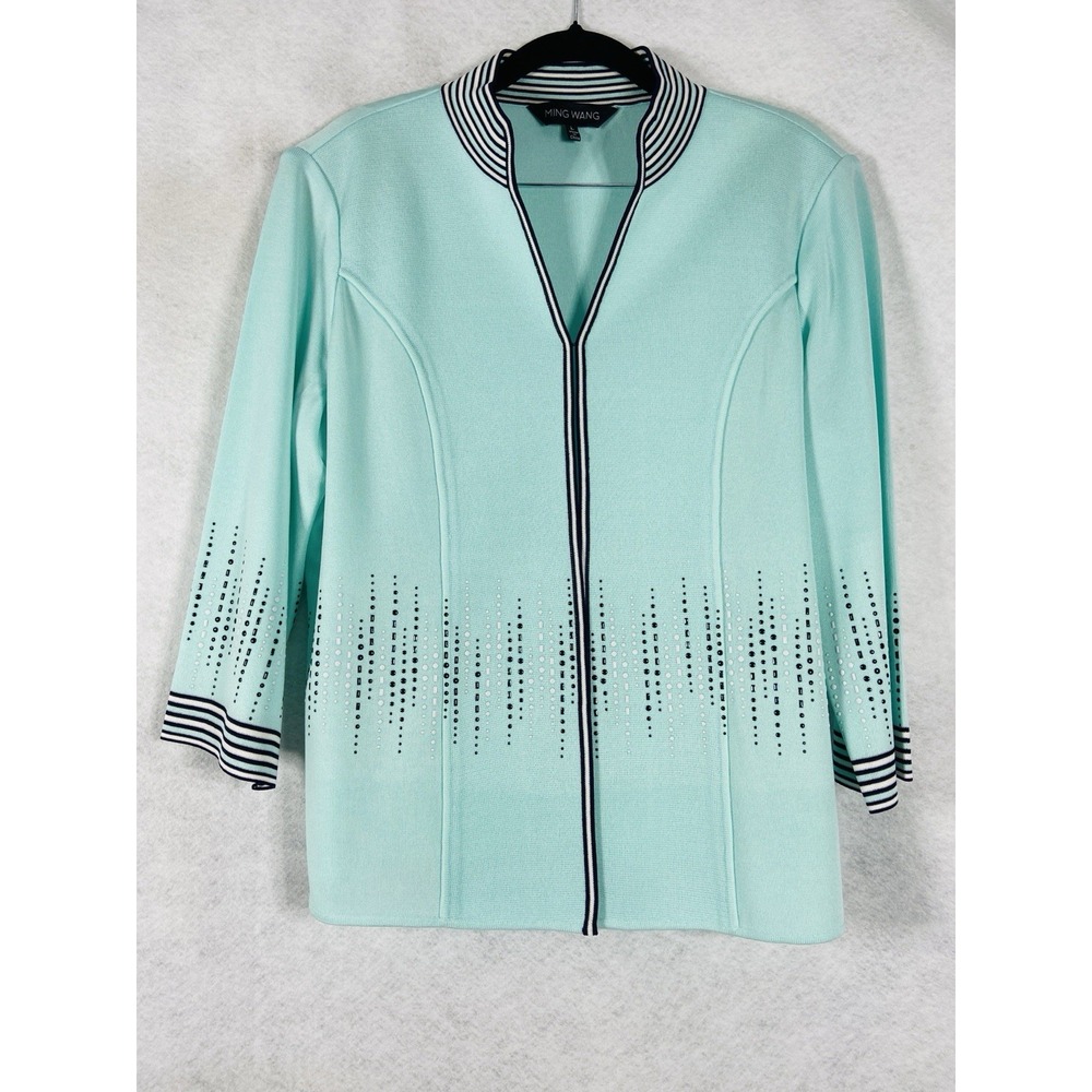 Ming Wang Knit Sweater Womens Large Blue Cardigan Long Sleeve Studded NWOT